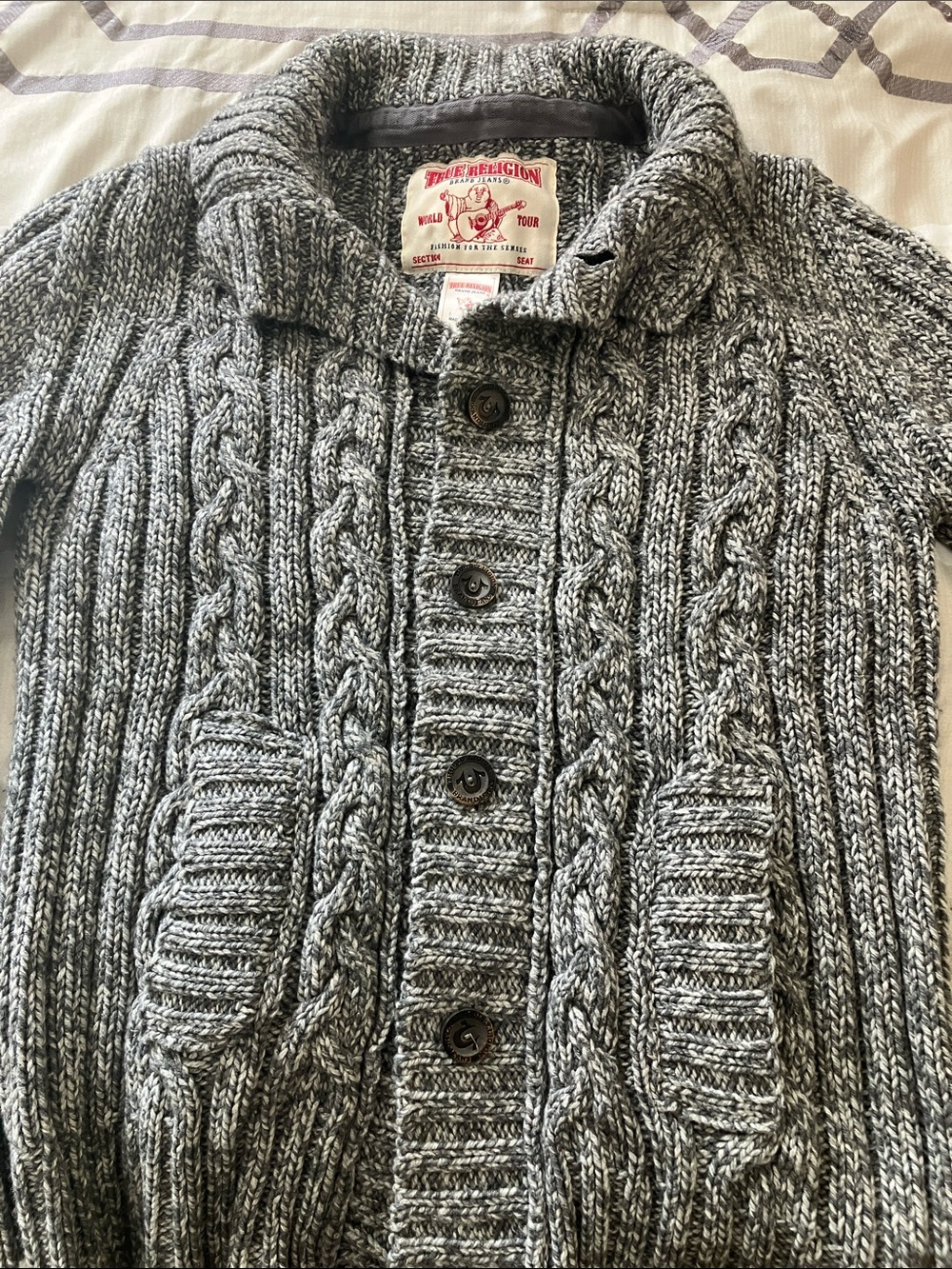 True Religion Gray Cable Knit Button-Up Cardigan with Pockets